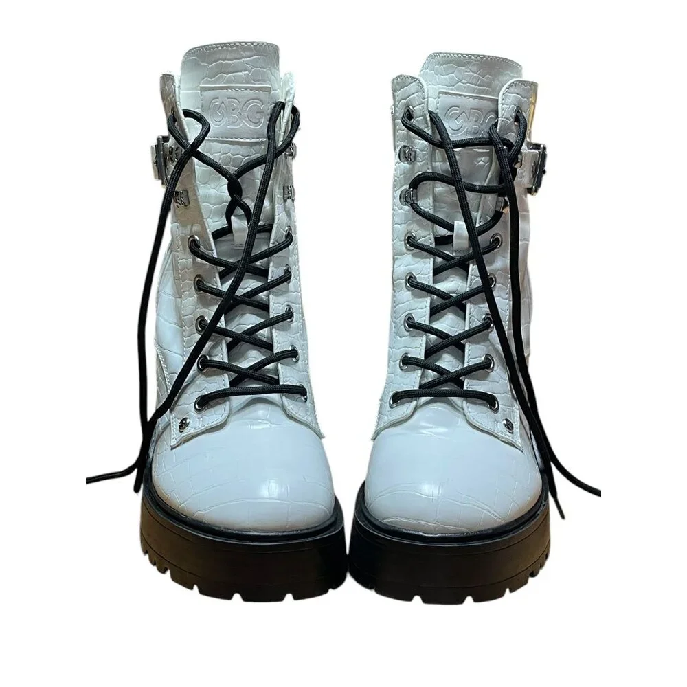CBG Los Angeles White Croc-Embossed Lace-Up Platform Boots 10M Faux‎ Leather